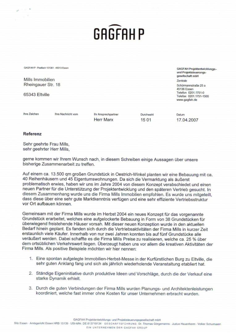 GAGFAH Schreiben Bestätigung hervorragend Zusammenarbeit mit Mills Immobilien GAGFAH Schreiben Bestätigung hervorragend Zusammenarbeit mit Mills Immobilien